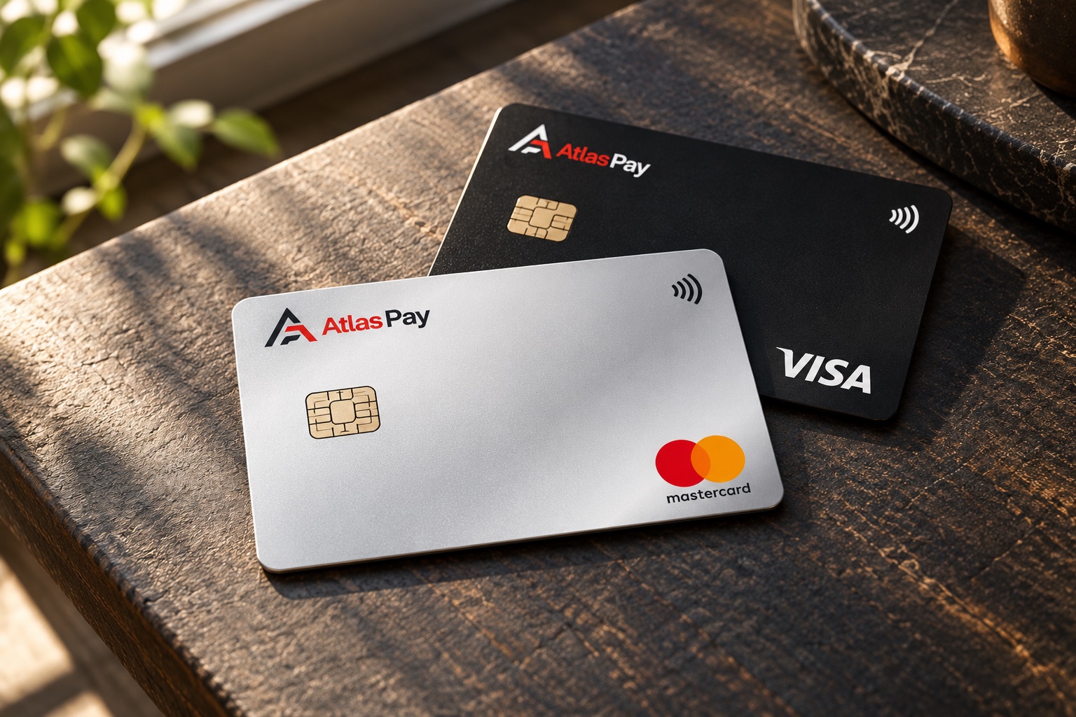 Серебристая AtlasPay Mastercard перед чёрной AtlasPay Visa на столе