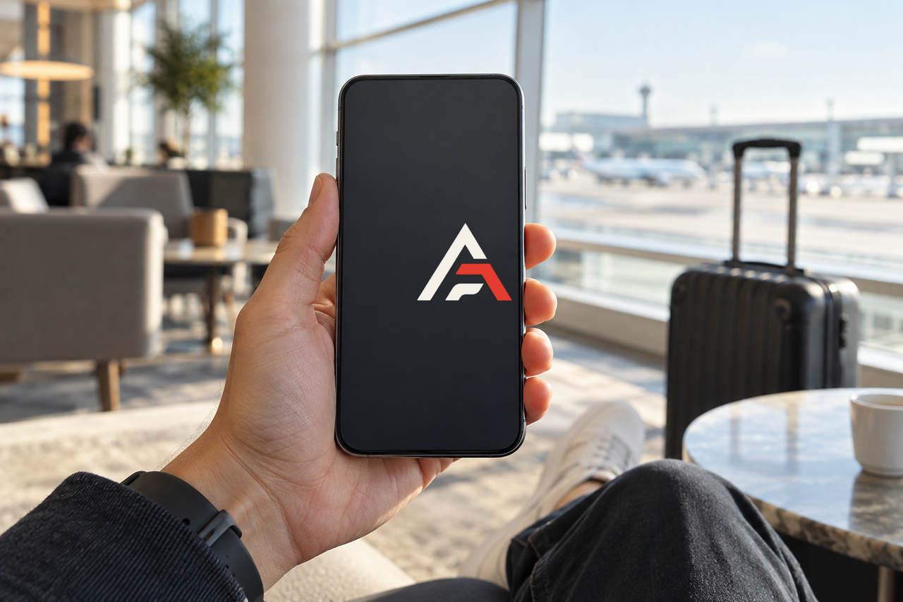 Смартфон с символом AtlasPay в светлой зоне ожидания аэропорта